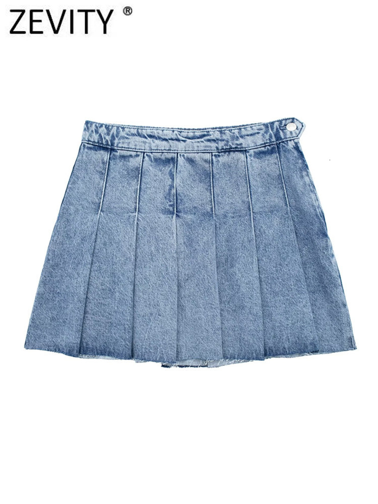 

Skirts Zevity Women Fashion Wide Pleated Denim Mini Skirt Faldas Mujer Female Chic Side Button Zipper Fly Summer Vestidos QUN3726 230508, Blue