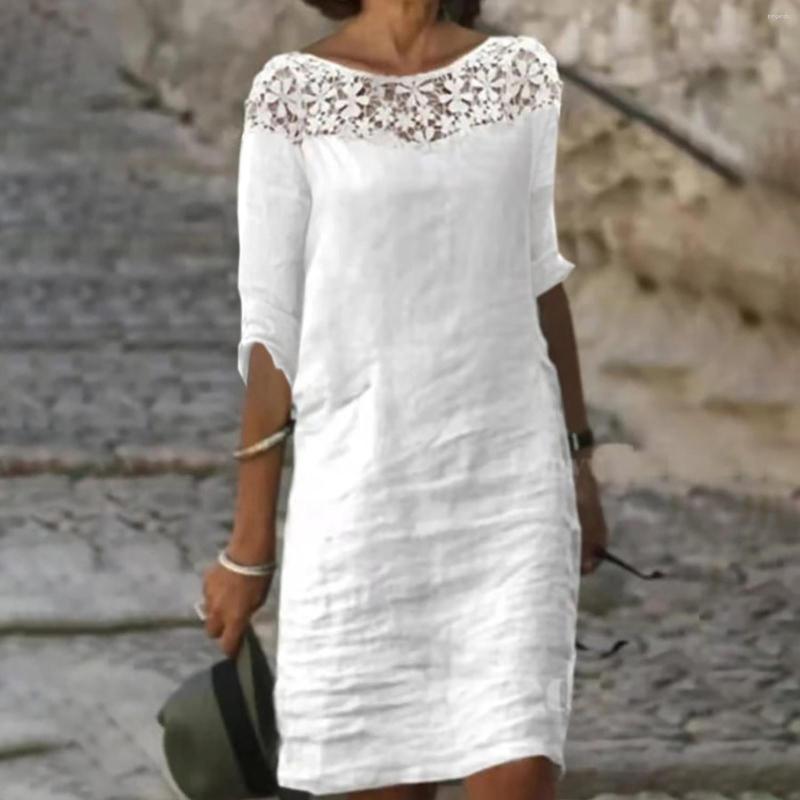 

Casual Dresses Women Cotton Linen Dress Summer Middle Sleeve White Lace Hollow Neck Mini Boho Beach Loose Elegant Oversize Vestidos