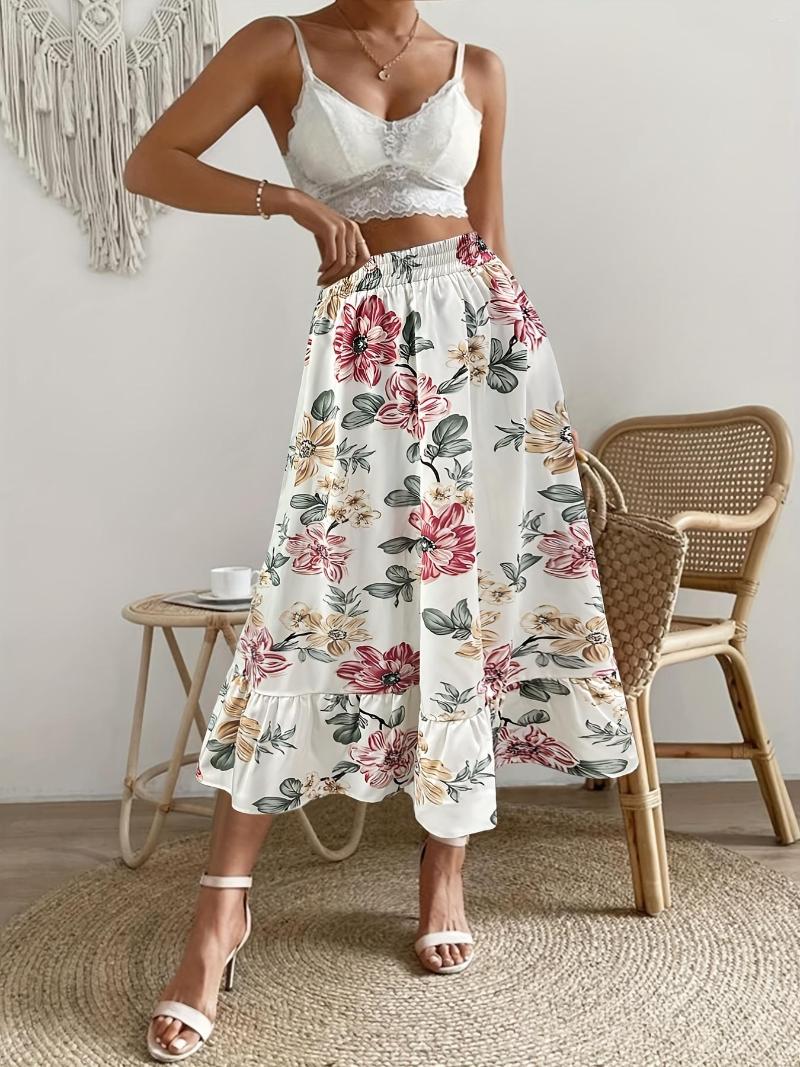 

Skirts Vintage Floral Print Casual Elastic Waist Ruffle Trim Summer Women's Clothing, White