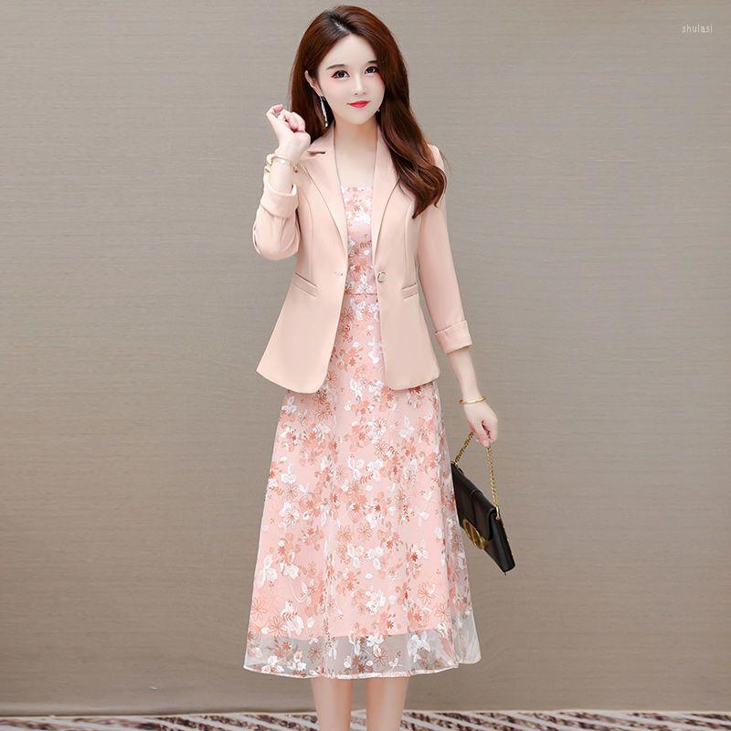 

Work Dresses Woman Fashion Top Blazers And Ankle-length Floral Dress Two Piece Set Women's Elegant Cardigan Blouse Midi Suit G362, Pink