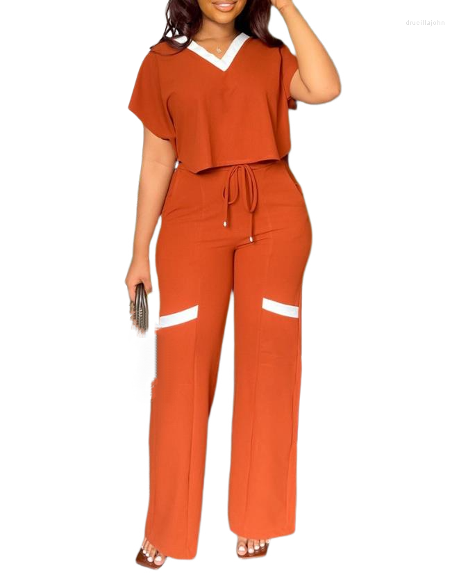 

Women' Two Piece Pants Sets Women Outifit 2023 Summer Fashion Contrast Paneled V-Neck Short Sleeve Crop T-Shirt & Casual High Waist Set