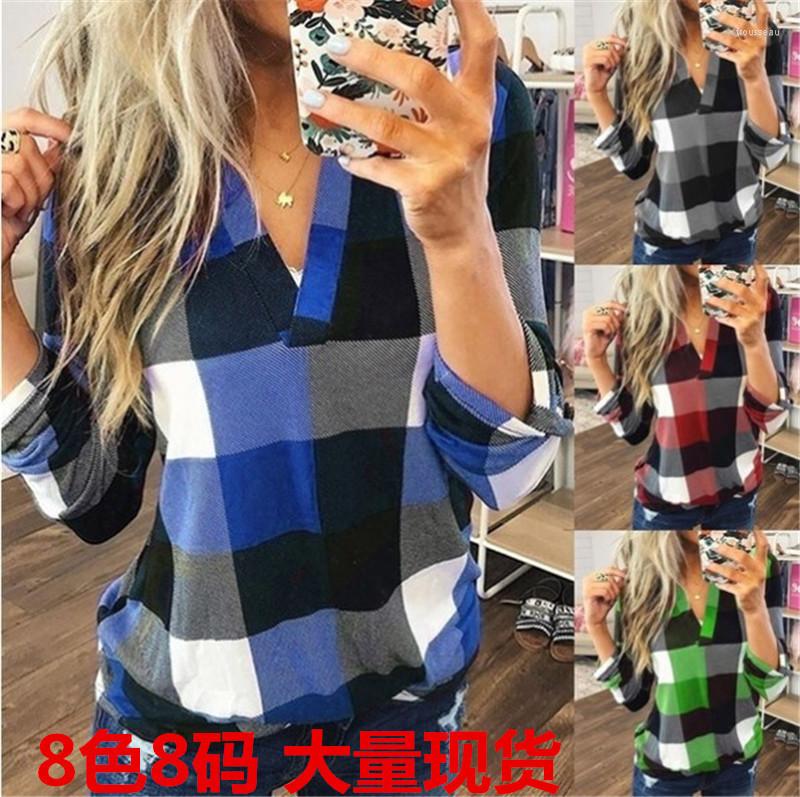 

Women's T Shirts 2023 Women Autumn Casual Plaid Shirt For Tops And Blouses Long Sleeve Red Ladies, Black