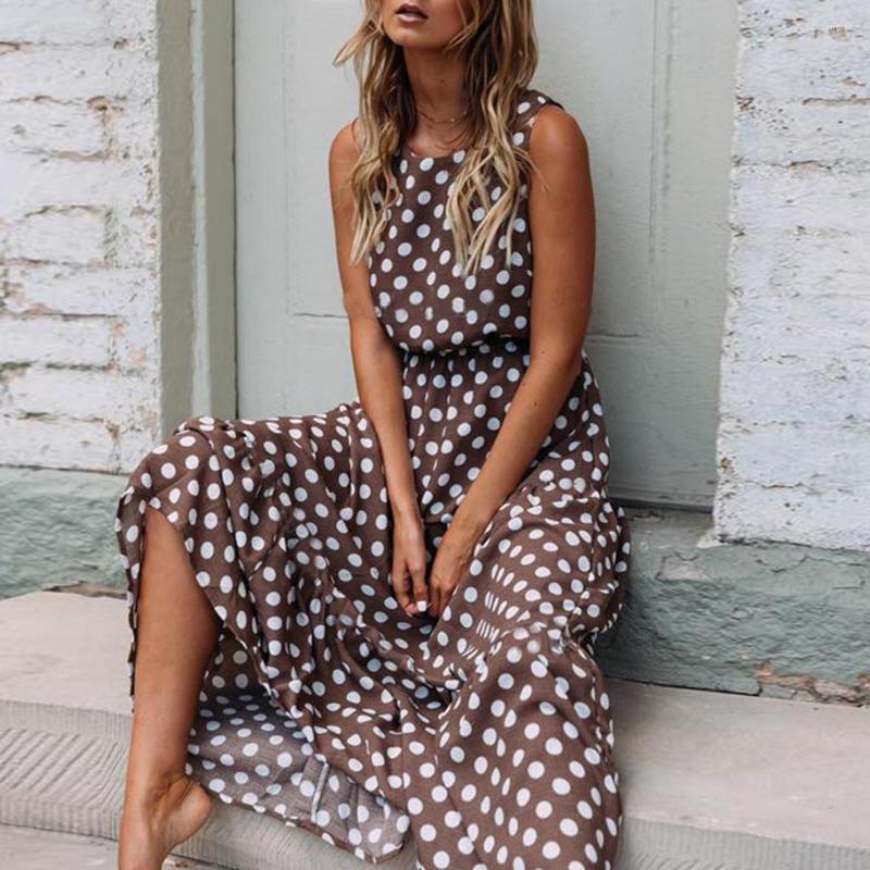 

Casual Dresses 2023 Party Dress Autumn Dot Loose Fit Women Elegant Sleeveless Long Breathable Chiffon Fabric For Dating, Coffee
