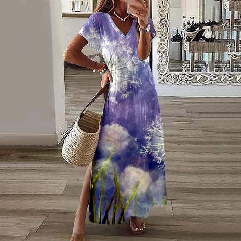 

Casual Dresses Tops Elegant Sexy Outfits Ladies Summer For Women 2023 Plus Size Short Sleeve V Neck Dandelion Gradient Print Dress, Sky blue
