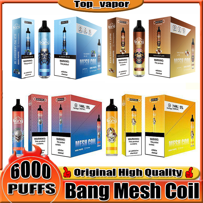 

Original Bang Mesh 6000 pufs Disposable E cigarette Device Pod Kit 850mAh Rechargeable Battery Prefilled 14ml Coil Cartridge Vape Stick Pen
