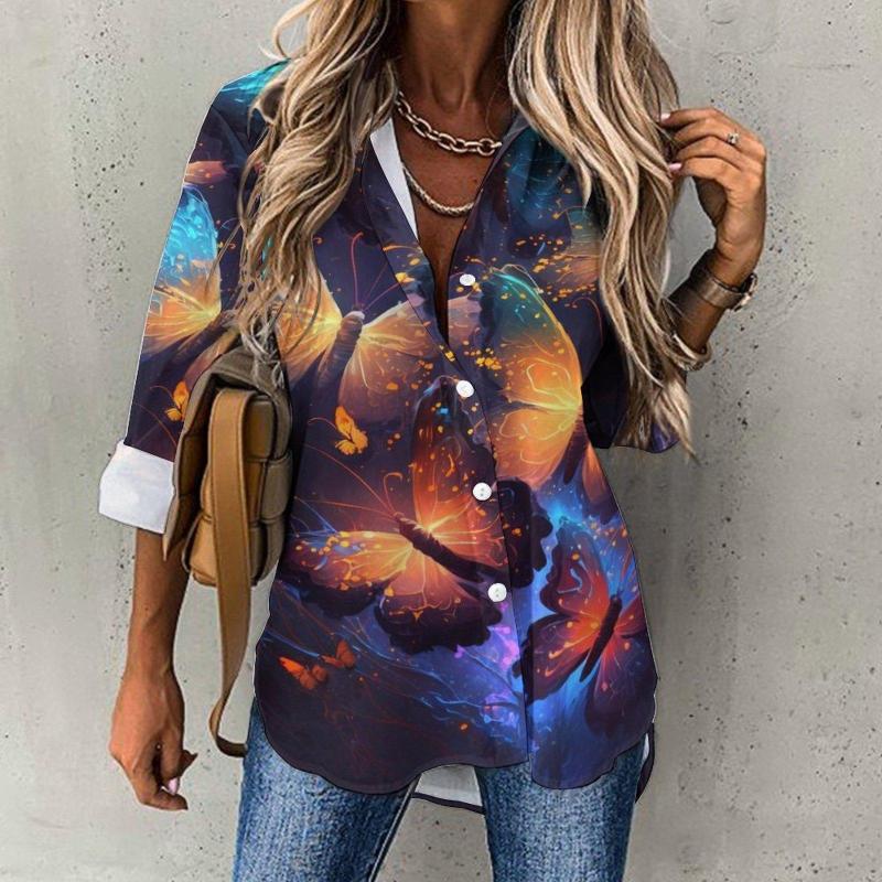 

Women' Blouses Glowing Aurora Butterflies Print Loose Tops V-Neck Elegant Long Sleeve Autumn Women' Everyday Casual Prints Shirt, Blue