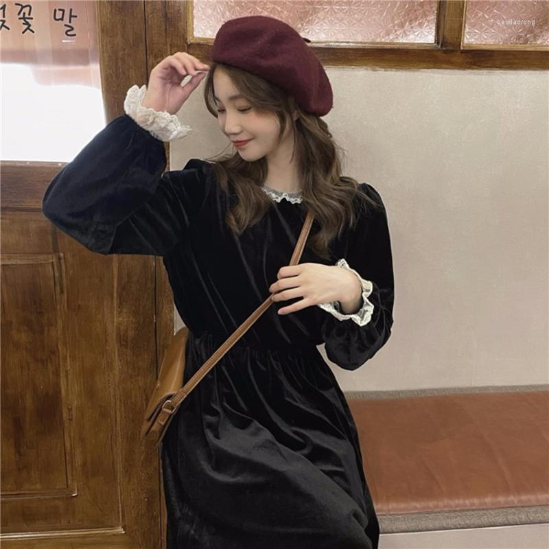 

Casual Dresses Vintage Women Long Lace Velvet Chic Dress Korean Fashion Full Sleeve Loose All-match O-Neck Vestidos For Party Year, Black