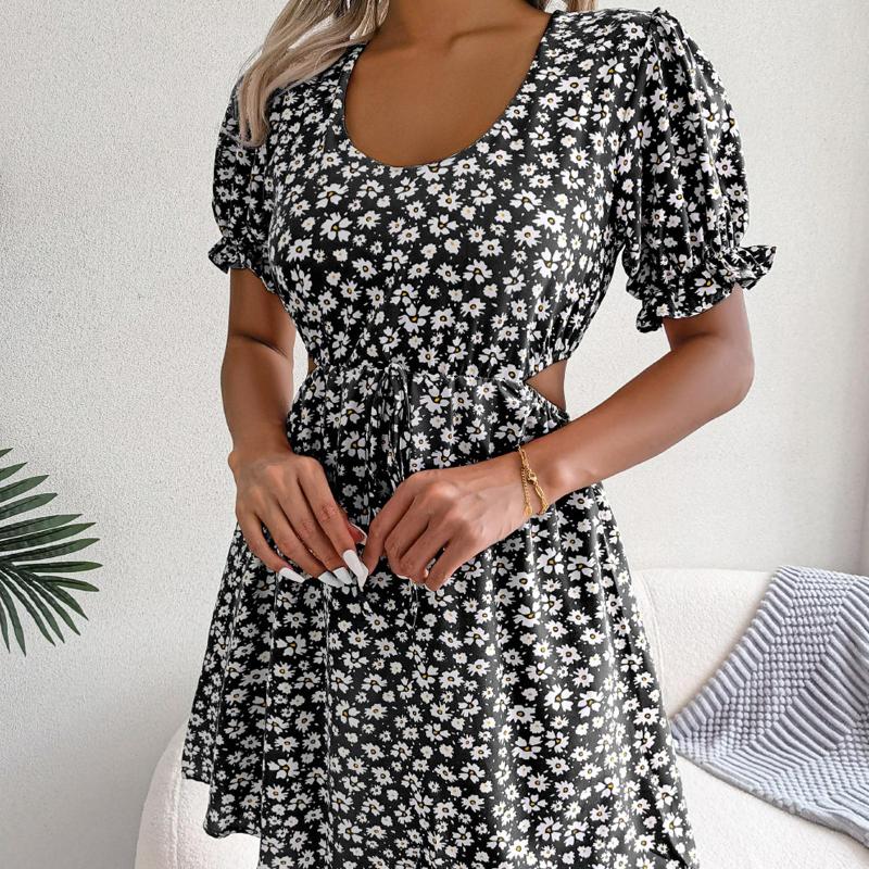 

Casual Dresses Beach Ladies Printing Dress Crew Neck Women Mini Hollowed Out Short Lace Up Pastoral Summer Clothes, Blue
