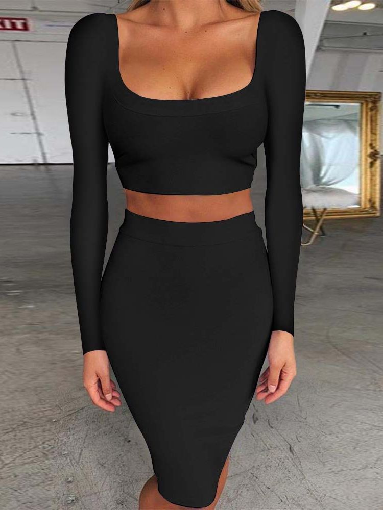 

Two Piece Dress Bandage Sets Autumn Winter Women Sexy Long Sleeve Crop Top And Bodycon Skirt Set Lilac Club Party Outfit 230508, Black
