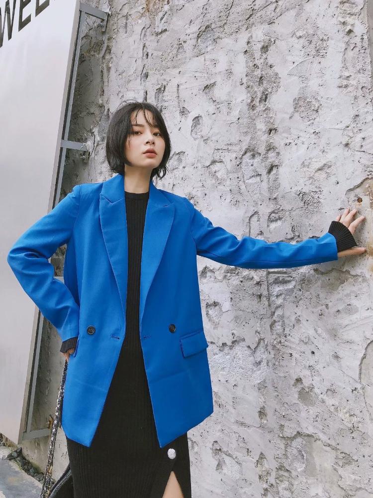 

Pants Women Chic Office Coat Double Breasted Blazer Lady Vintage Long Sleeve Pockets Female Outerwear Stylish Tops, Blue