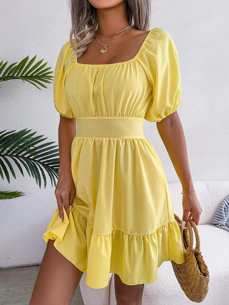 

Casual Dresses Summer Square Neck Open Back Lace Up Ruffle Edge Large Swing Dress Women Fashion Solid Color Yellow A-line