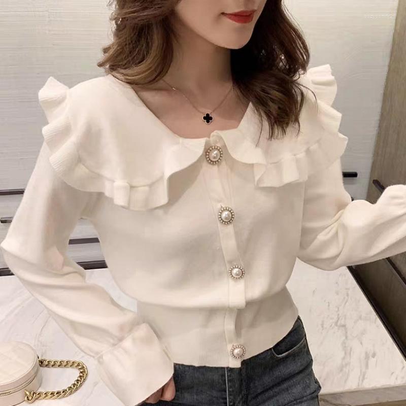 

Women's Knits Shintimes Autumn Turn-Down Collar Women Cardigan Sweater Korean Sweaters Button Flare Sleeve Knitted Female Clothing Pull, Black