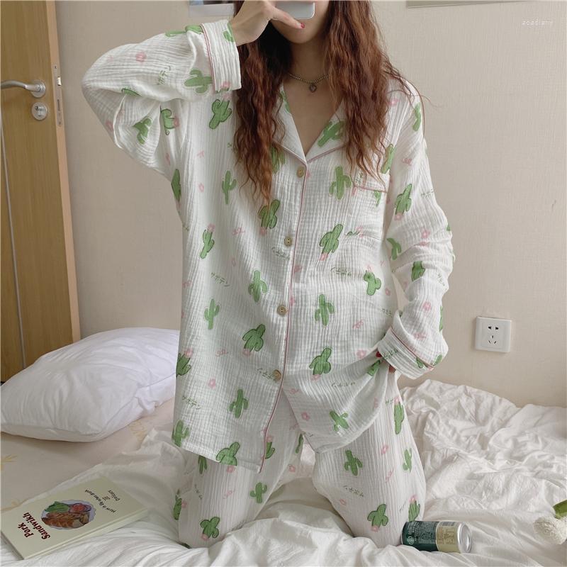 

Women's Sleepwear Cactus Print Spring Pajamas Set Women Single Breasted Shirts Long Pants Home Suit Loose Casual Cotton Homewear, The cactus white