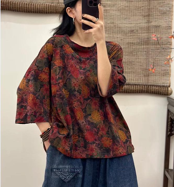 

Women's T Shirts 2023Women Cotton T-Shirts Summer Retro Print Vintage Stir Frying Color O-Neck Collar Half Sleeve Loose Female Tide Tops