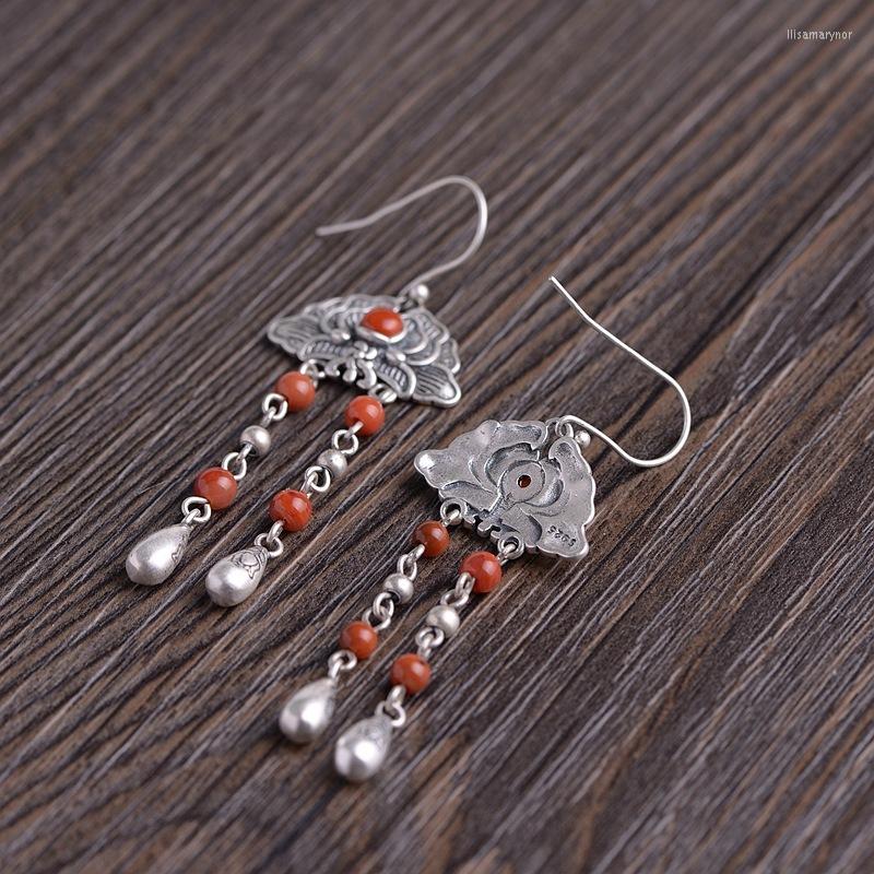 

Dangle Earrings S925 Sterling Silver Retro Flower Blooming Rich Lotus South Red Agate Tassel
