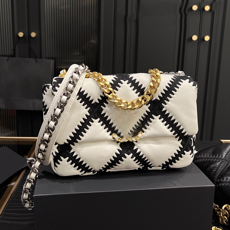 

Womens 19 Series Embroidery Quilted Bags Real Leather Diamond Lattice Purse Gold-Silver Two-tone Metal Hardware Matelasse Chain Crossbody Shoulder Handbags 25CM, Box
