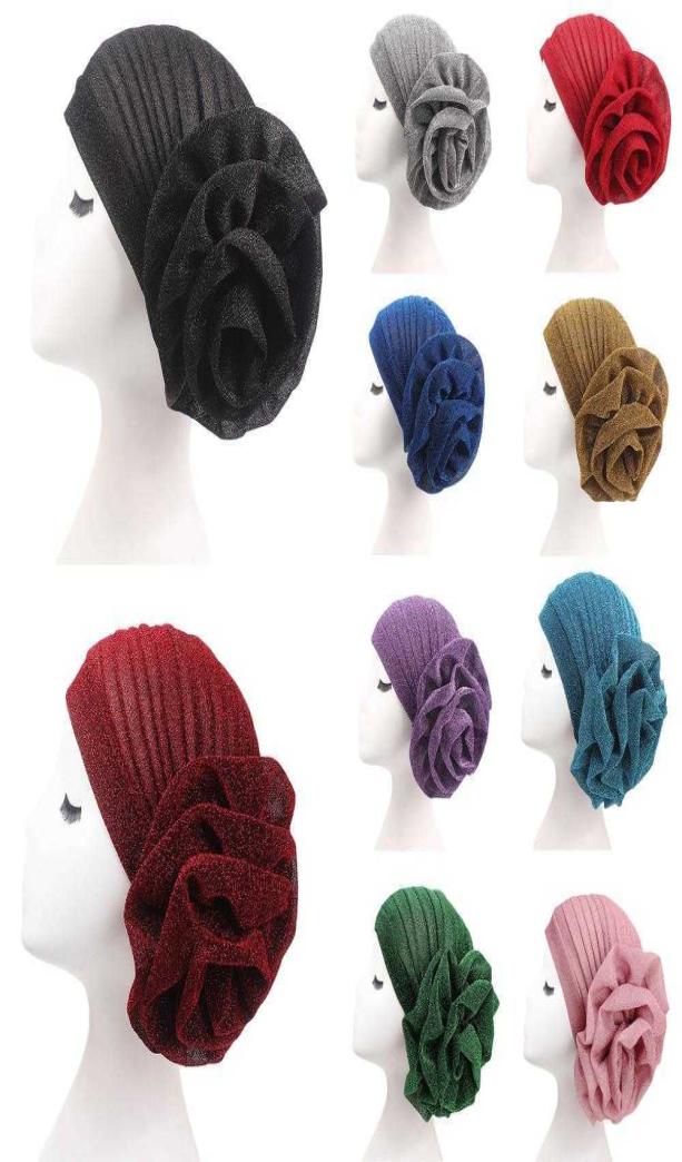 

Muslim Women Turban India Beanie Hat Flower Stretch Arab Hat Head Scarf Wrap Cap Jersey Cover Bonnet Glitter Headwear Fashion X0807221266
