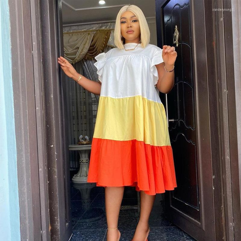 

Party Dresses Round Neck Sleeveless Wooden Ear Stitching Contrast Color Loose Casual Large Size Women' Dress Socialite Style, White