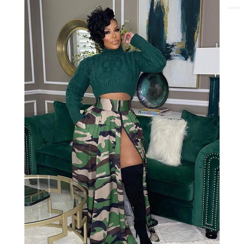

Skirts Spring Fashion Casual Loose Zipper Split Long Dress Women Street Camouflage Printing A-line, Red