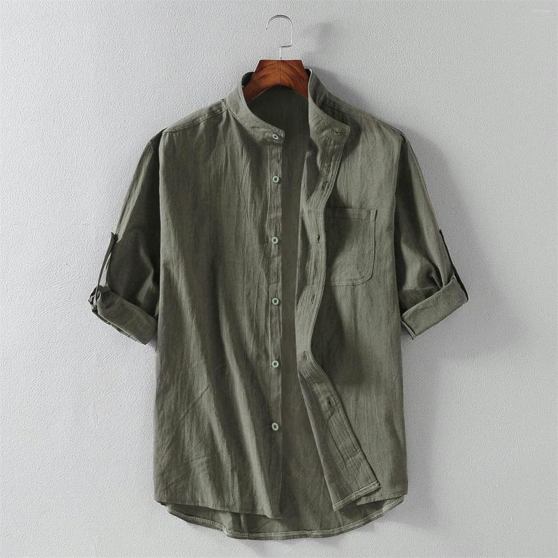 

Men's Casual Shirts Male Summer Cotton Linen Shirt Solid Oversized Loose Long Sleeve Top Men Turn Down Collar Green Fashion Blusa, Army green