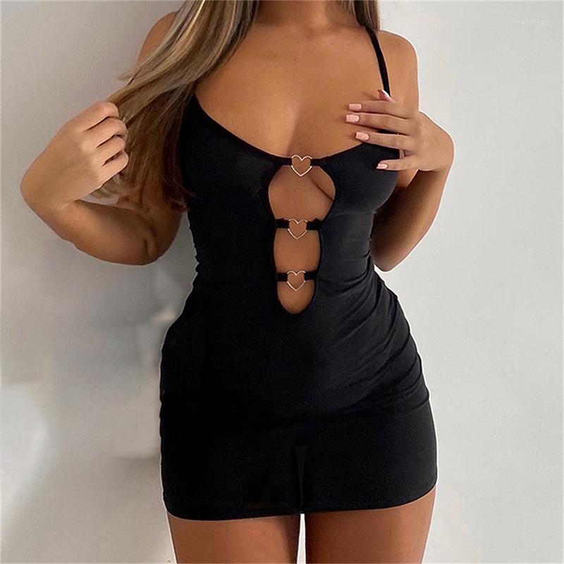 

Casual Dresses Hollow Out Black Bodycon Woman Dress Camisole Heart Ring Decor Club Sexy Party For Women Short Mini Vestido De Mujer