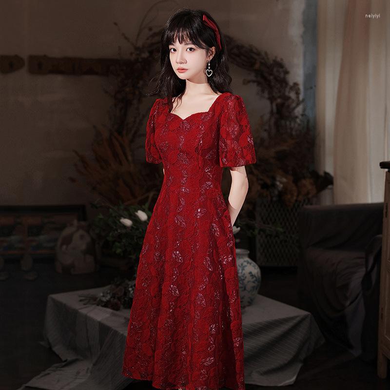 

Ethnic Clothing Burgundy Lace Qipao Dress Stylish Banquet Pleated Stage Performance Elegant Cheongsam Short Sleeve Vestidos De Feata