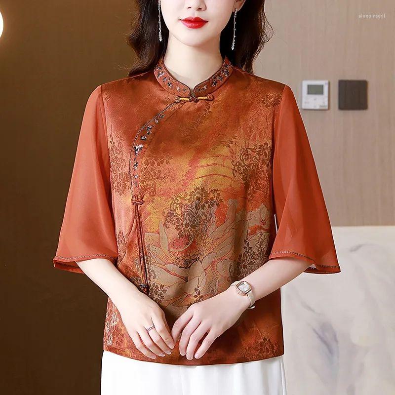 

Women's Blouses 1pcs Women's Tops 2023 Summer Fashion Chiffon Silk Fabric Prints Splicing Chinese Style Primer Shirt Ladies Loose Shirts, Green