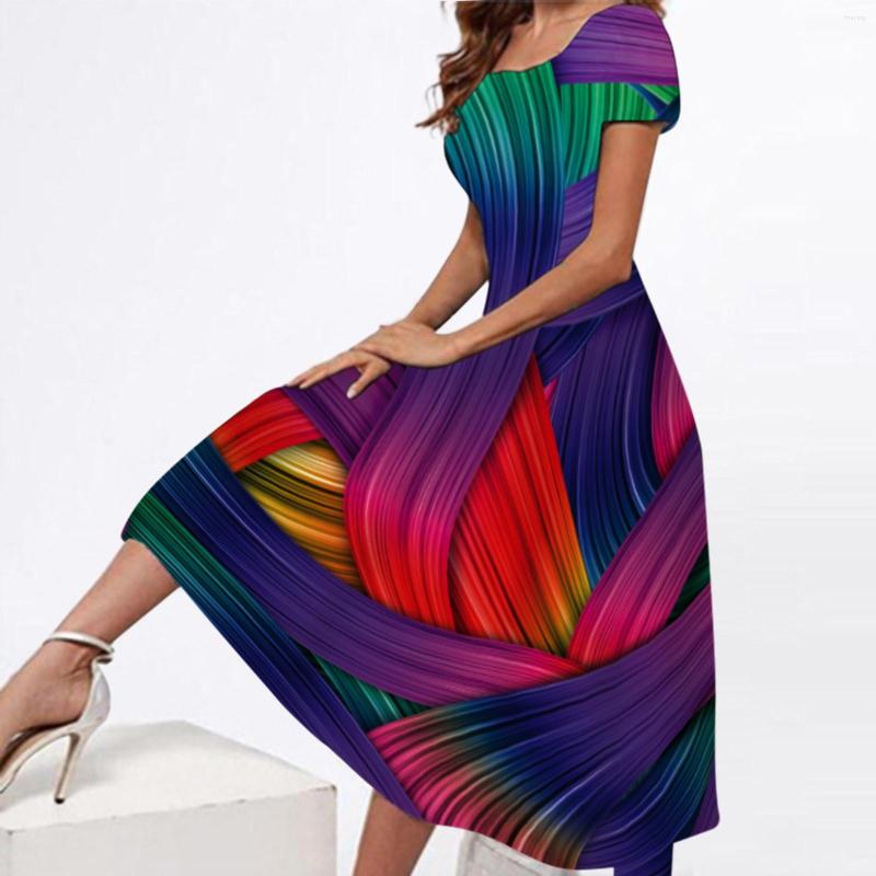 

Casual Dresses Women Summer Long Dress White Short Sleeve Square Collar Party Floral Print Elegant, Red