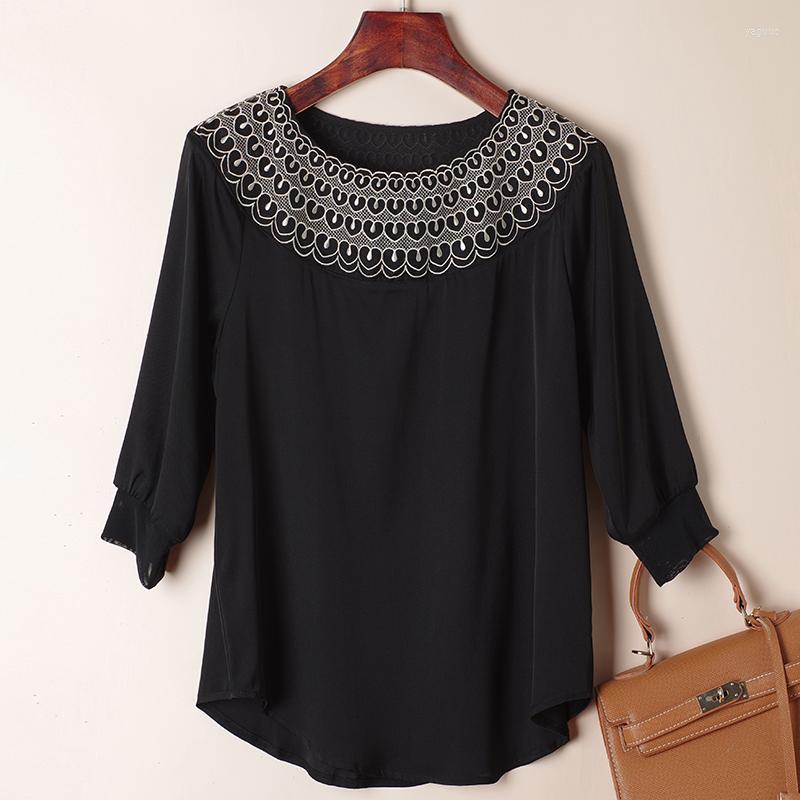 

Women' Blouses 2023 Summer Women' Black White Shirt Elegant Shirts Embroidery Fashion For Women Tops Real Silk Woman Casual