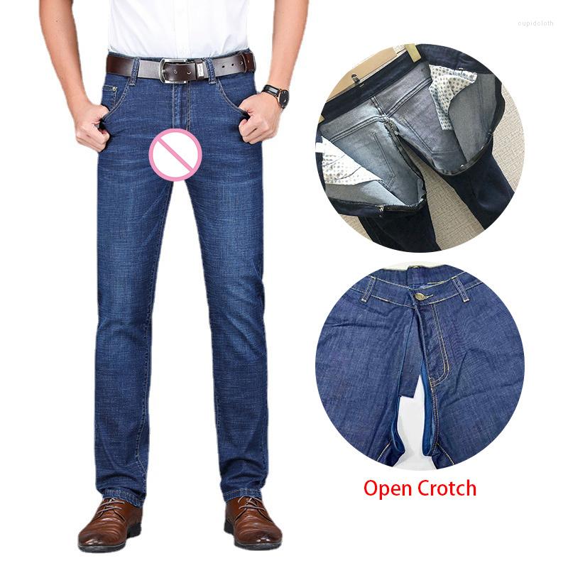 

Men's Jeans Man Outdoor Sex Open Crotch Erotic Hidden Zipper Crotchless Long Pants Low Waist Elastic Couple Game Gay Skinny Trouser, Summer thin