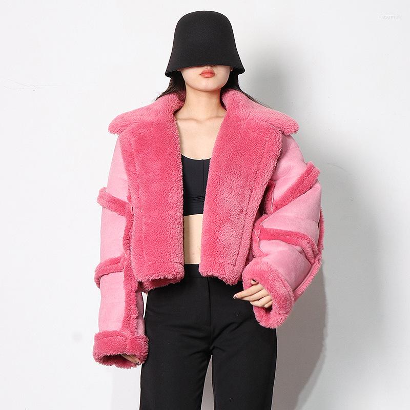 

Women's Fur Pink Winter Coat For Women Female Clothing Thick Jacket Solid Colour Patchwork Lambswool Short Section Parkas In Outwear, Beige