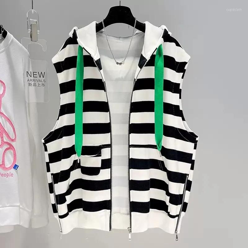 

Women's Vests Fashion Design Stripe Hooded Vest Women's Waistcoat Big Size Loose Woman Sleeveless Hoodie Jacket Outerwear 2023, Black