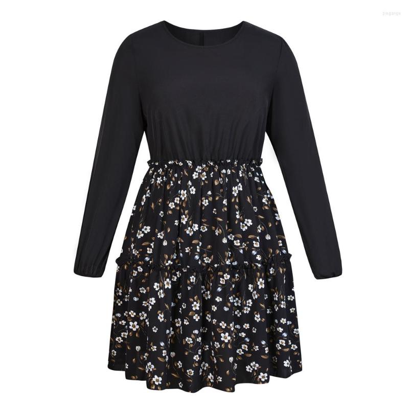 

Plus Size Dresses 4XL Midi Dress Women's Black Floral Print 2023 Autumn Casual Beach Oversized Elegant Fashion Clothing