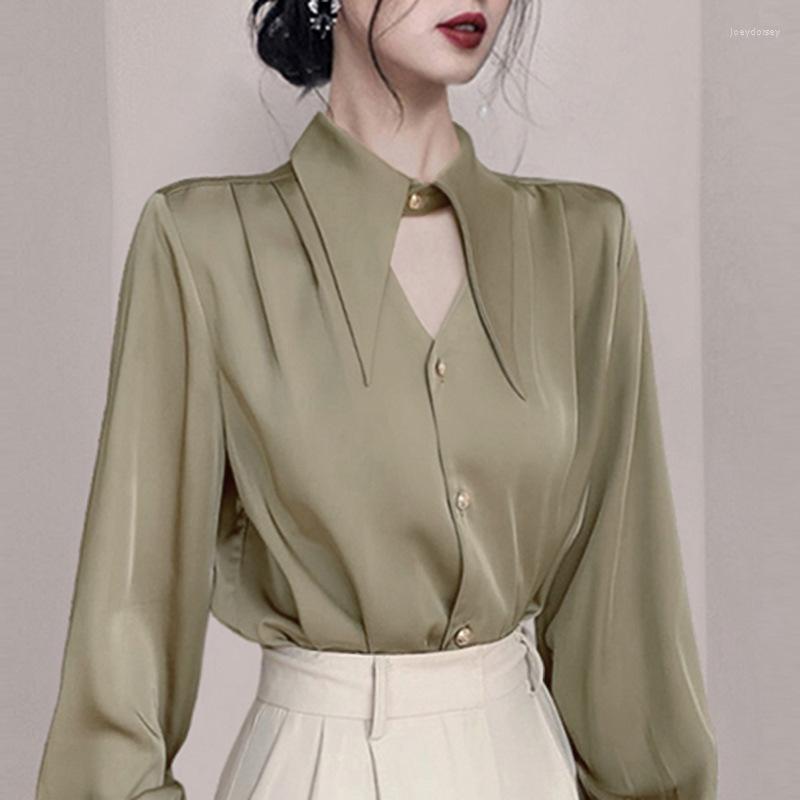 

Women' Polos OL Forged Face Unique Professional Shirt Women' Dress French Temperament High Sense Celebrity Silk Women, White