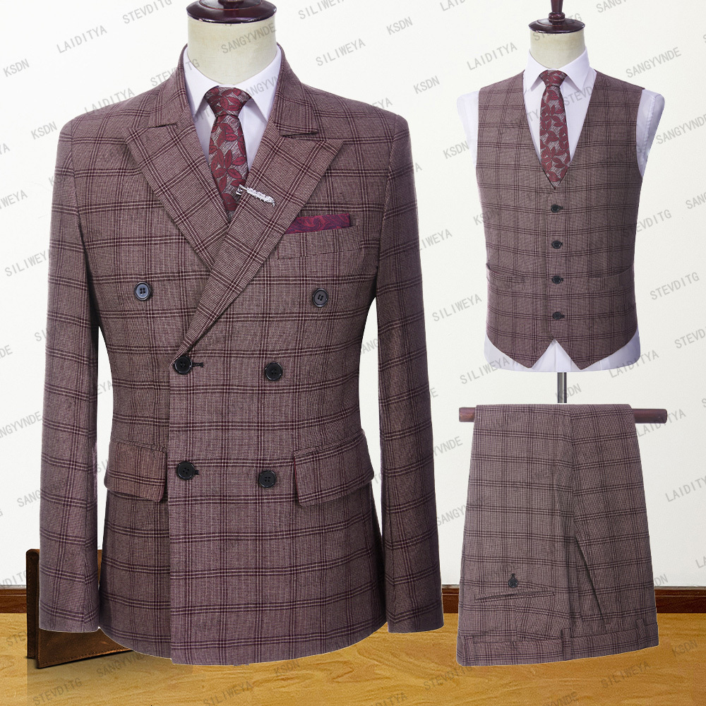 

Men's Suits Blazers Latest Men Double Breasted Linen Suits Wine Red Reto Classic Plaid Slim Fit Tuxedos Wedding 3 Pcs Set Jacket Vest Pants 230509, Same as picture