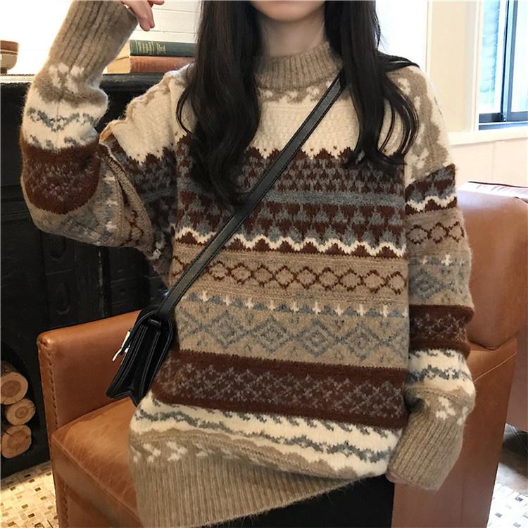 

Women's Sweaters 2023 Winter Women Sweater Pullover Knit Jumpers Loose Striped Pull Korean Style Knitwear Casual Top Argyle, Lm8529-d beige