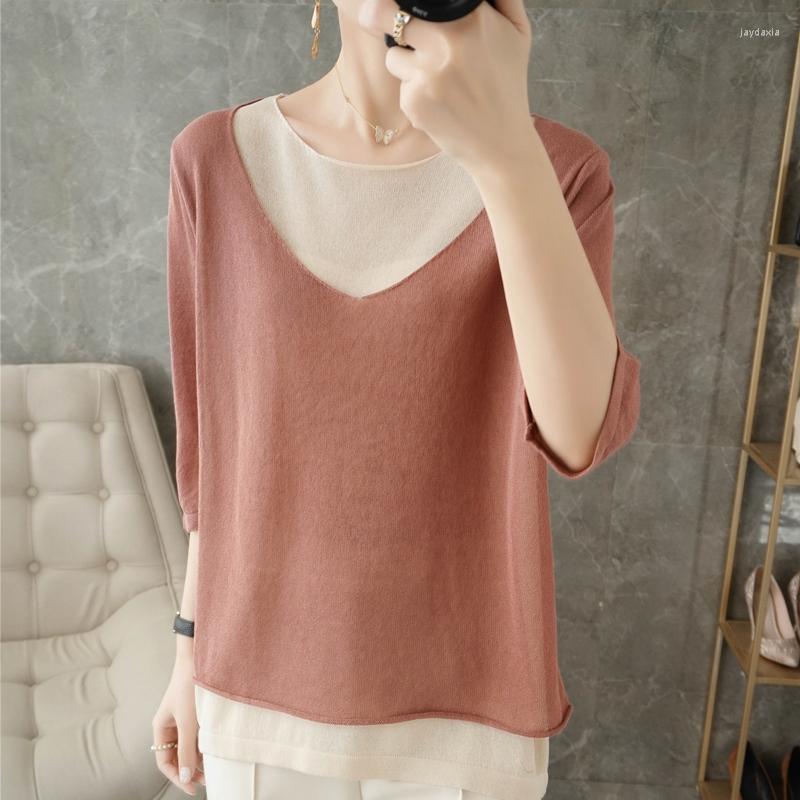 

Women's Sweaters Summer Women's Sweater 2023 Contrast Color Fake Two-Piece Short-Sleeved Knitted T-Shirt Slimming And Age-Reducing, Dark grey