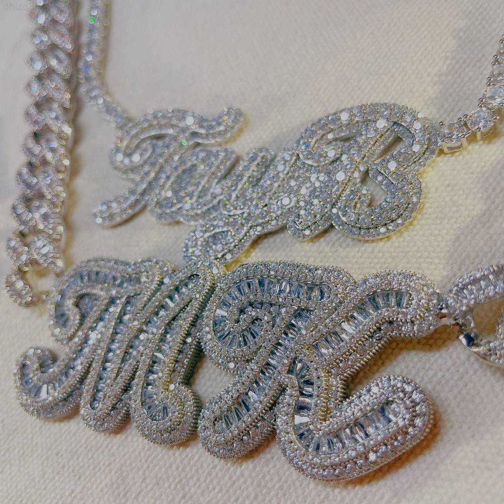 

Personalise Custom Name Cuban Link Chain Gold Plated Iced Out Baguette Zircon Cz 2 Layer Full Rhinestone Letter Name Necklace