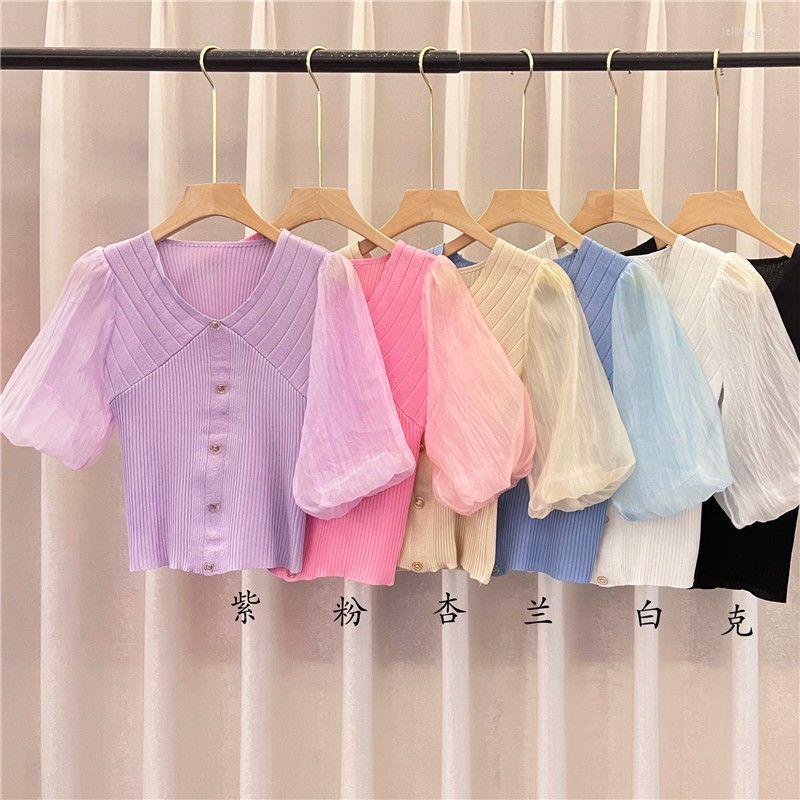 

Women' T Shirts Fashion Patchwork Knitting T-Shirt Femme Sweet Buttons Solid Color V-neck Short Sleeve Pullover Top Tee Summer Simplicity, Black