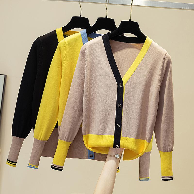 

Women's Knits V Neck Single-Breasted Cardigan Women Sweater 2023 Autumn Korean Fashion Hit Color Slim Knitted Long Sleeve Sweaters Pull, Black