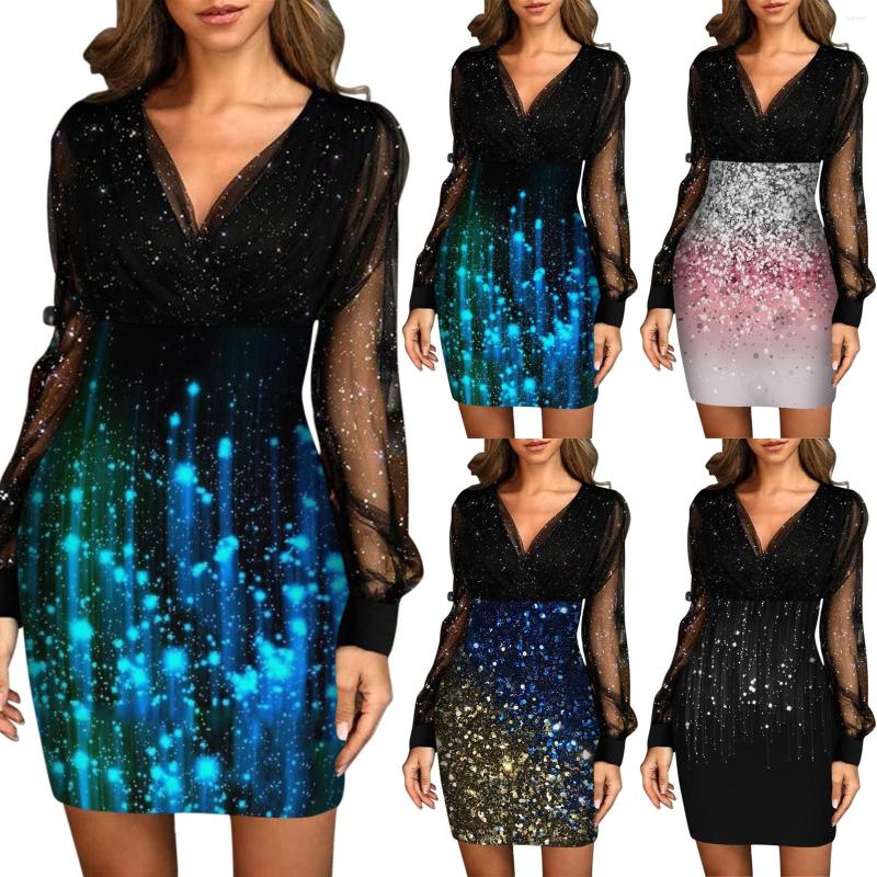 

Casual Dresses Vintage For Women 2023 Foil Stamping Mesh Long Sleeves Gradient Print Cover Hip Dress Luxury Party Vestidos, Multicolor