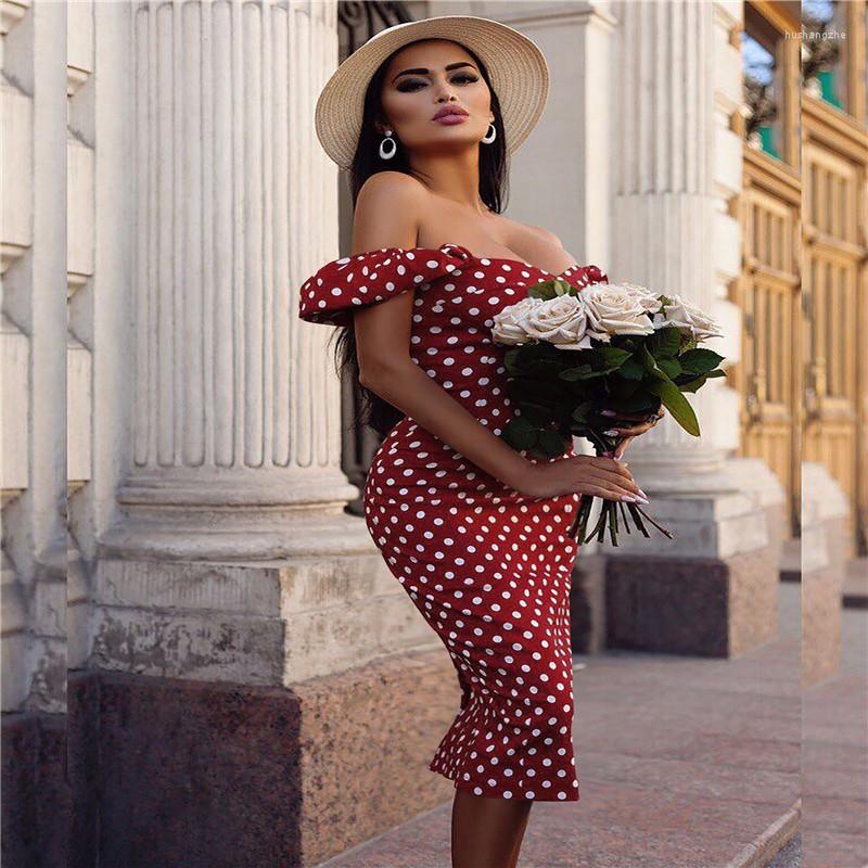 

Casual Dresses Women' Vintage Polka Dot Print Off Shoulder Boho Dress Elegant Bodycon Slim Fit Party Evening Summer Sundress, Navy blue