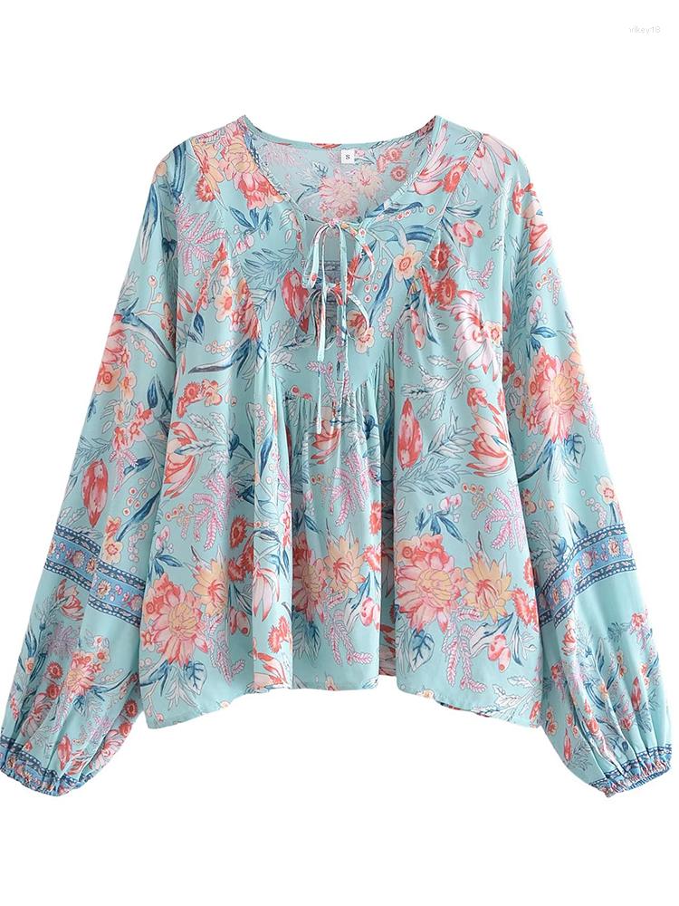 

Women' Blouses YENKYE 2023 Women Floral Print Overisze Blouse Long Sleeve Lace Up O Neck Female Casual Loose Tops, Picture shown