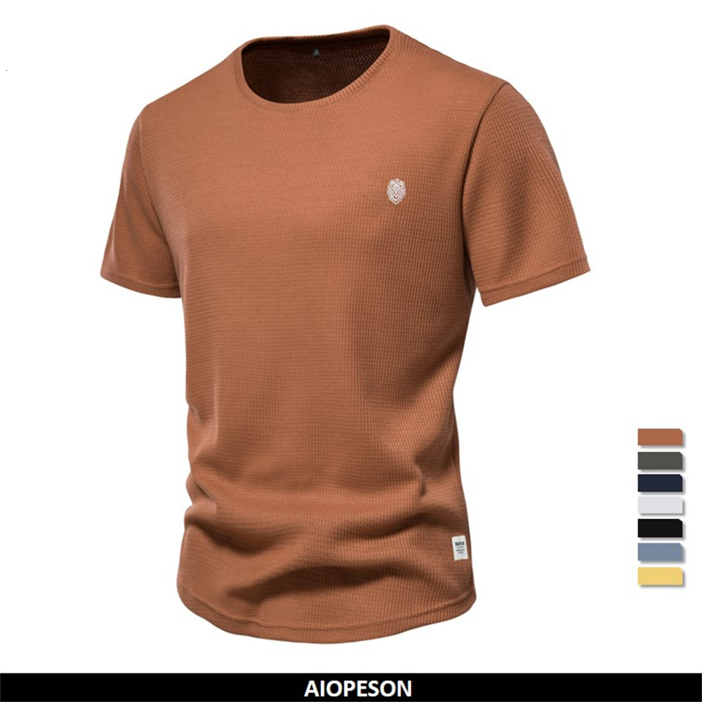 

Men's T-Shirts AIOPESON Waffle Men's t-shirts Solid Color O-neck Short Sleeve Casual T-shirts for Men Summer Basic Breathable Tops Tee Men 230509, Jeansblue