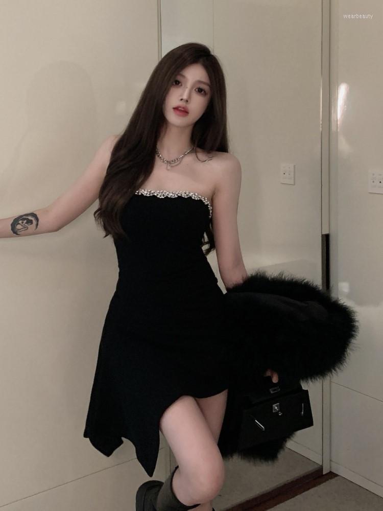 

Casual Dresses French Style Elegant Dress For Women Slash Neck Bling Rhinestone Strapless Irregular Vintage Party Sexy Lady Fashion, Black long