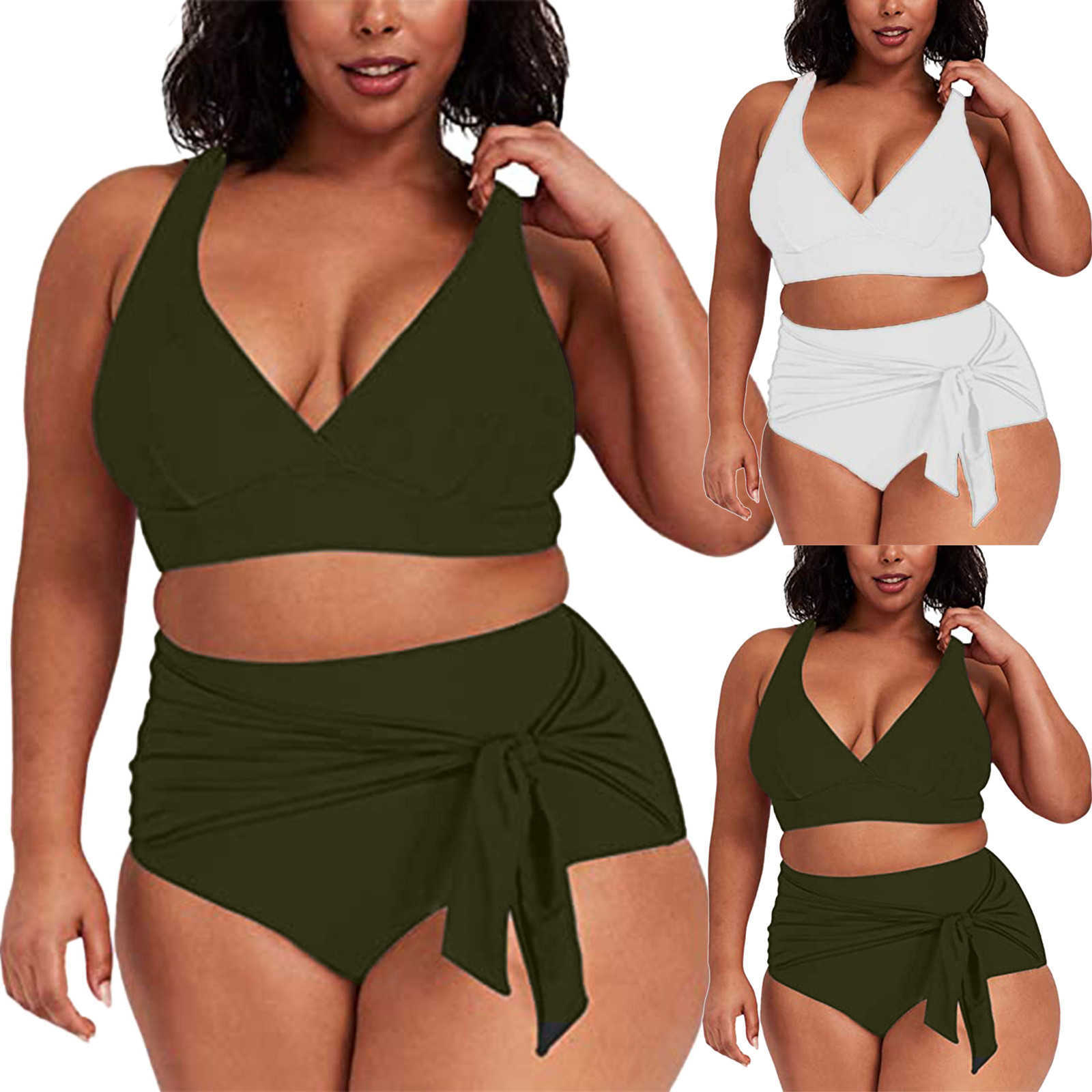 

Women's Plus Size Swimwear 2023 Womens Swimwear High Waist Bikini Solid Color Plus Size Big Breast Swimsuit Strappy Bather Swimming Wear Bathing Suit Z0508, White