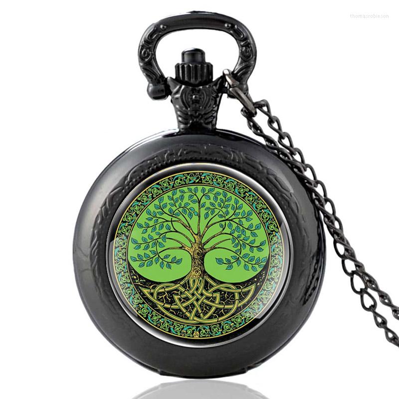 

Pocket Watches Arrival Tree Of Life Design Vintage Charm Quartz Watch Pendant Clock Men Women Glass Dome Necklace Gifts, Black