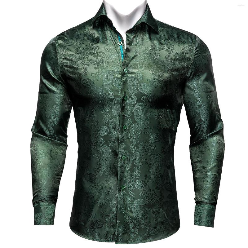 

Men' Dress Shirts Barry.Wang Luxury Green Paisley Silk Men Long Sleeve Casual Flower For Designer Fit Shirt BY-0079, Cy-0086