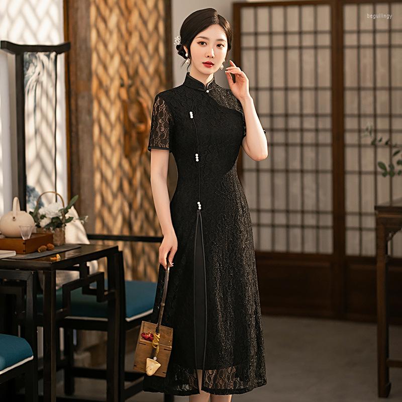 

Ethnic Clothing Sexy Women Lace Cheongsam High Quality Ladies Party Dress Slim Vintage Girl Qipao Traditional Mandarin Collar Qi Pao