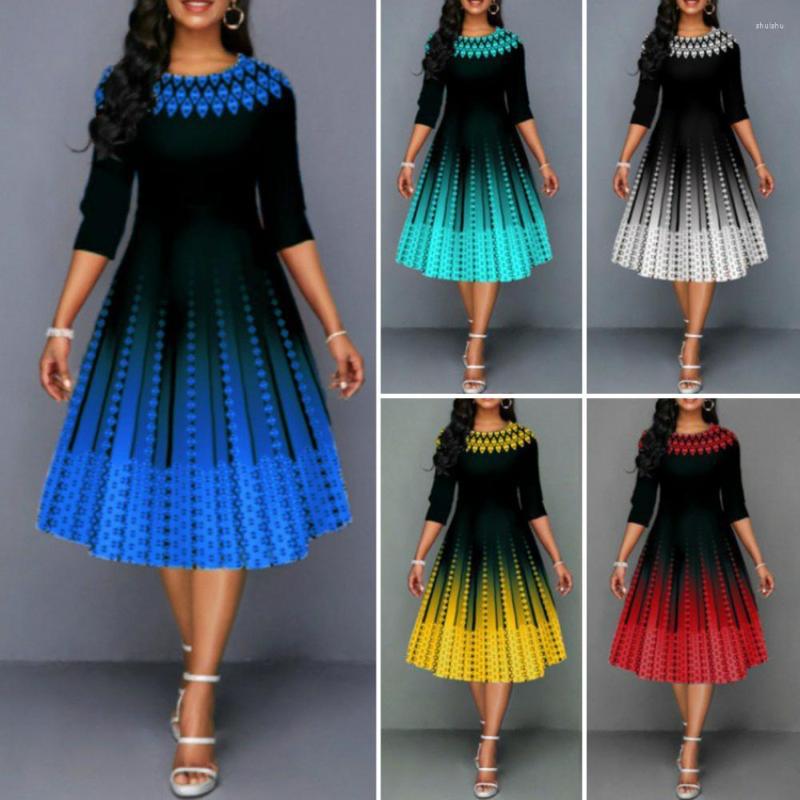 

Casual Dresses Women Half Sleeve A-line Party Dress Vintage Plaid Gradient Printed Befree Large Big 5xl Ladies Elegant Mid-Calf, Blue